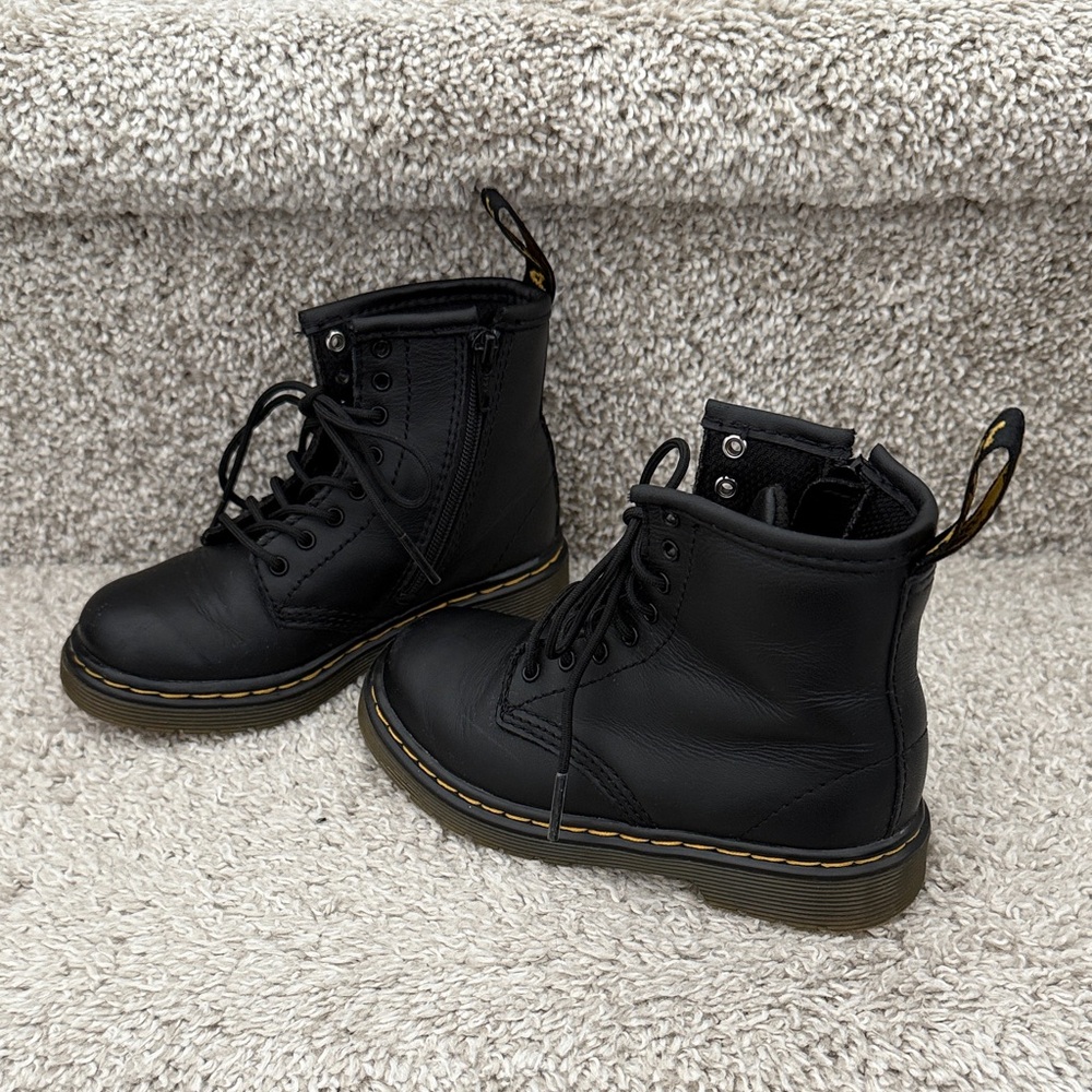Dr. Martens Girls Black Lace-Up Combat Boots with Yellow Stitching - Picture 4 of 13